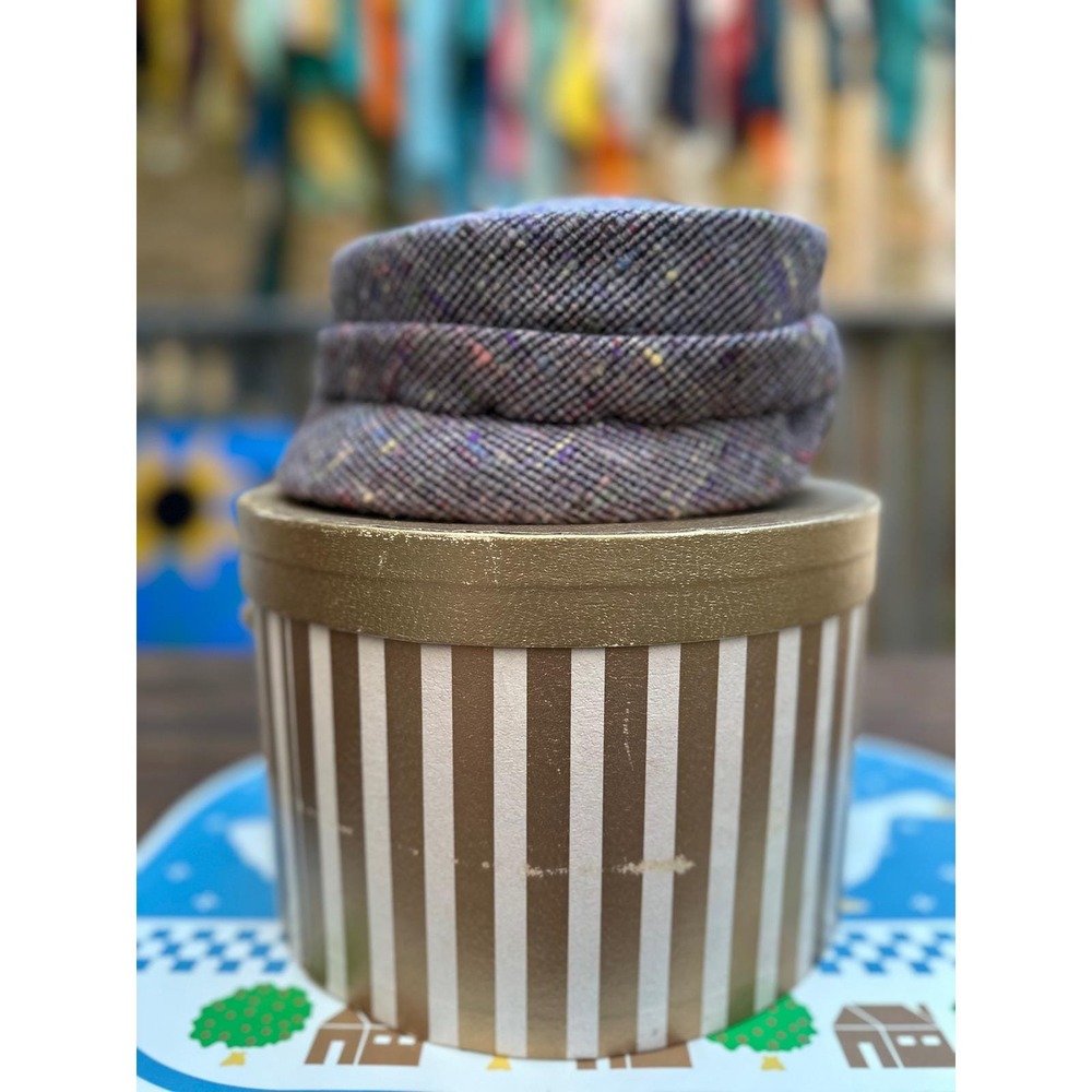Vintage Grey Multicolor Tweed Pillbox Hat Wool Blend Flecked Retro Accessory Box